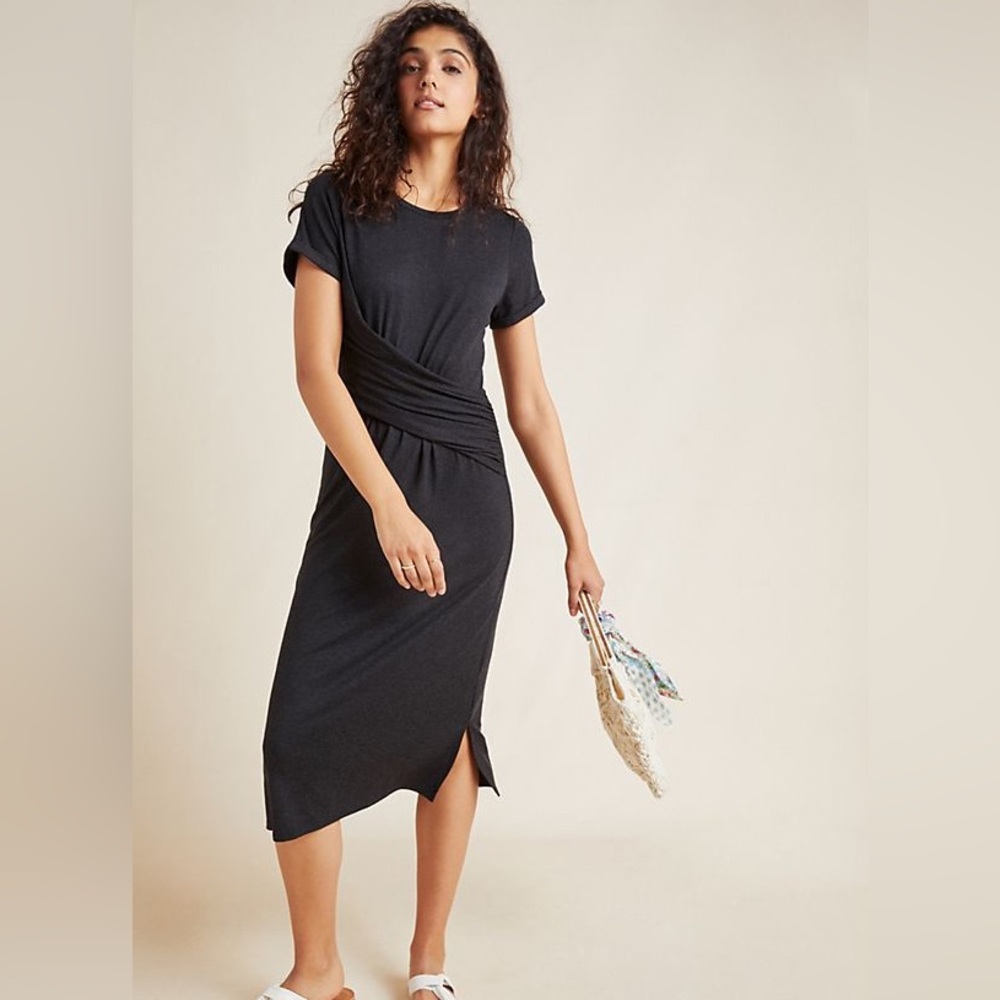 Anthropology dark charcoal Gray Midi Dress short sleeve wrap twist front Size L